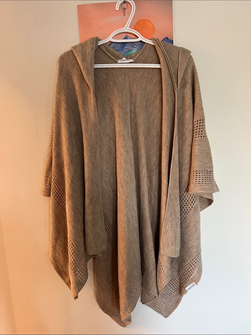 Calvin Klein Hooded Knit Poncho in Taupe Beige
